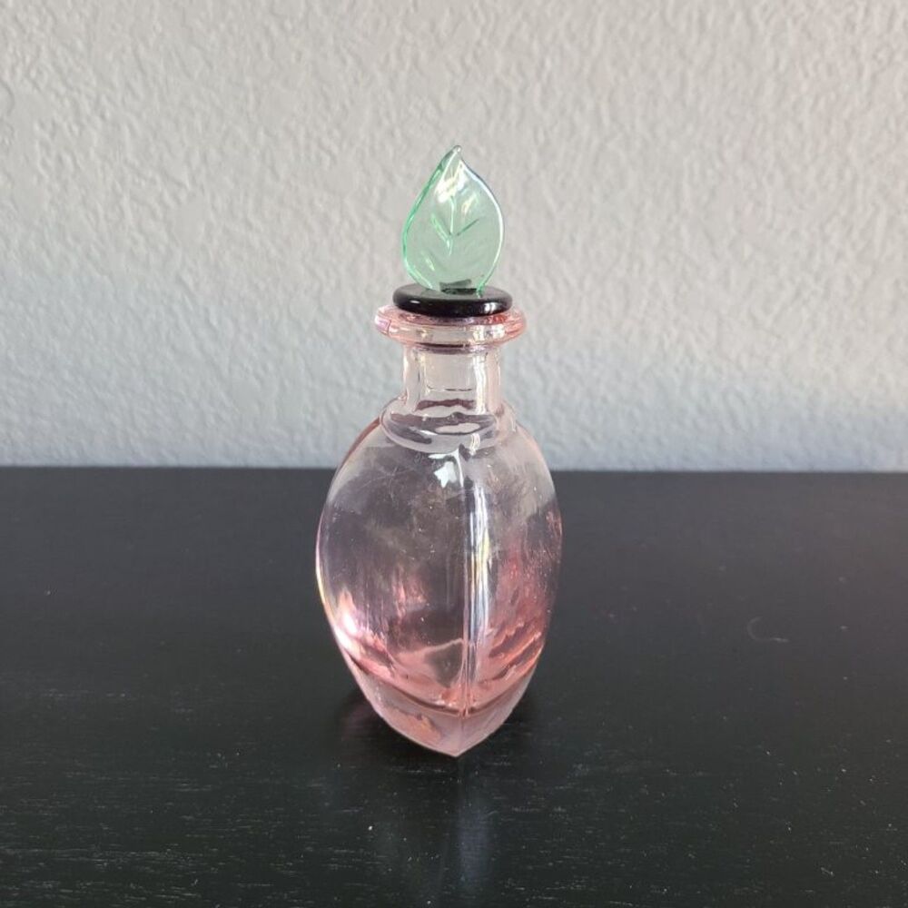 Vintage Pink Glass Perfume Bottle | Leaf Stopper Vanity Decor